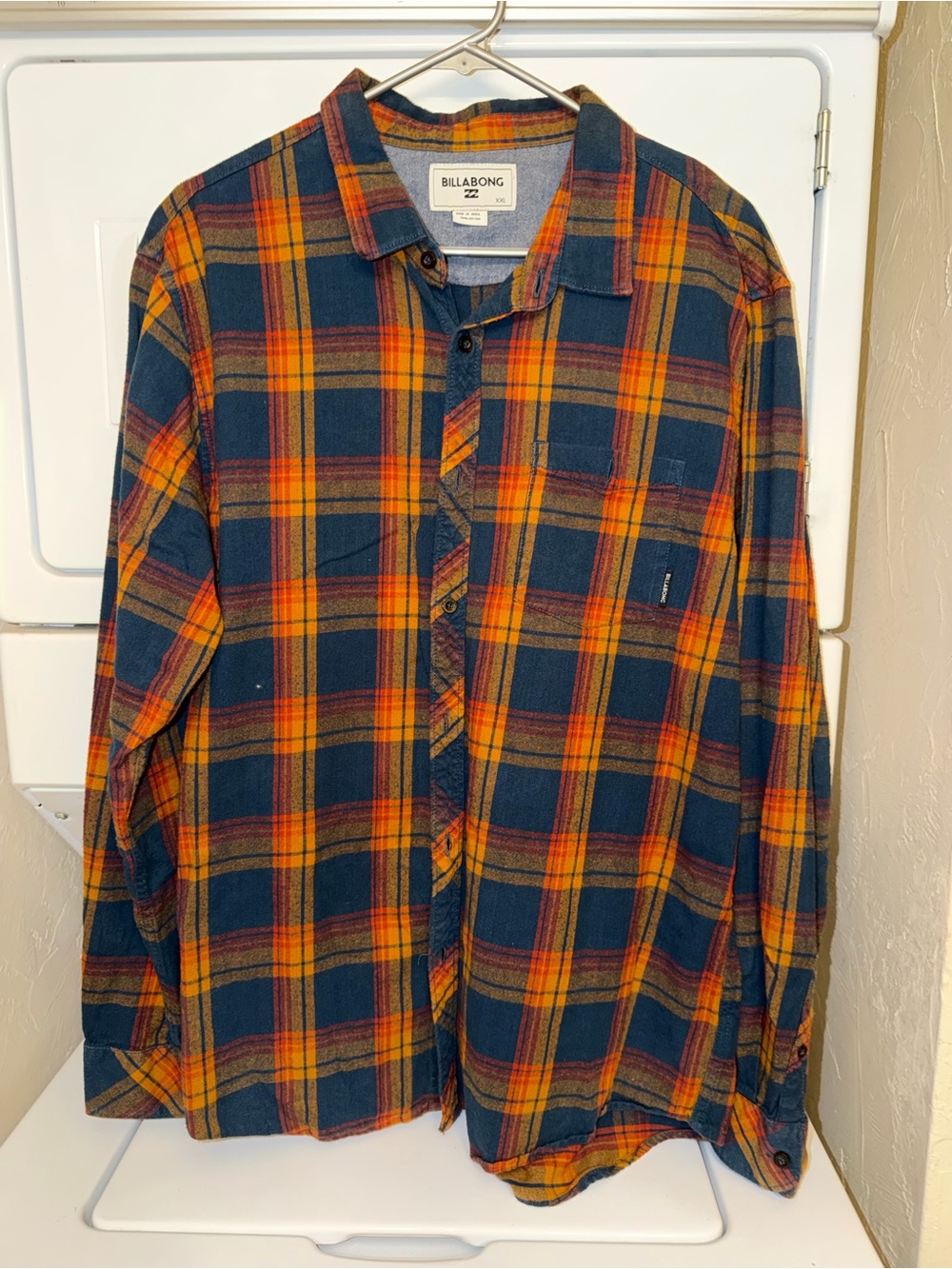 Billabong Men’s Navy, Orange & Yellow Plaid Button-Down Shirt